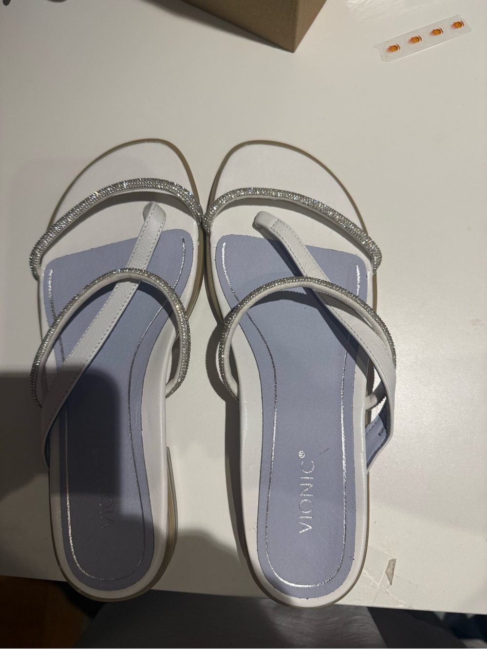 Vionic White Strappy Slide Sandals with Silver Rhinestone Straps